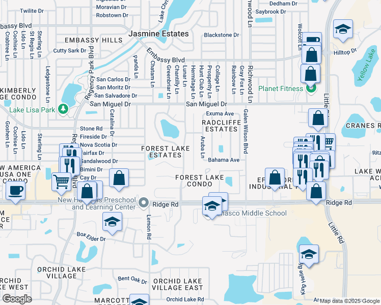 map of restaurants, bars, coffee shops, grocery stores, and more near 8725 Elm Leaf Court in Port Richey