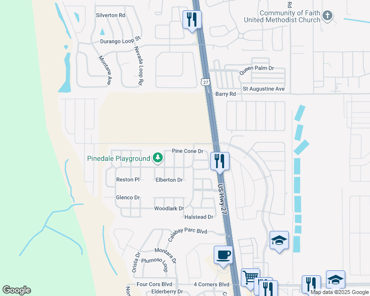 map of restaurants, bars, coffee shops, grocery stores, and more near 536 Pine Cone Drive in Davenport