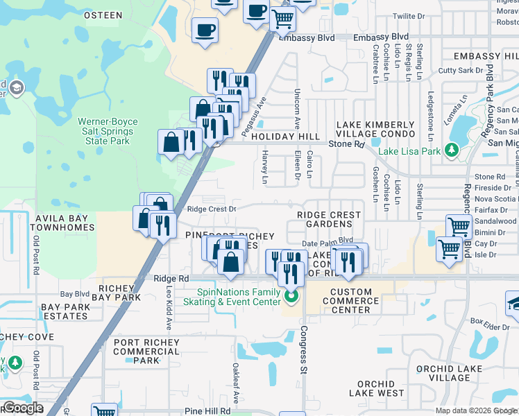 map of restaurants, bars, coffee shops, grocery stores, and more near 6319 Springer Drive in Port Richey