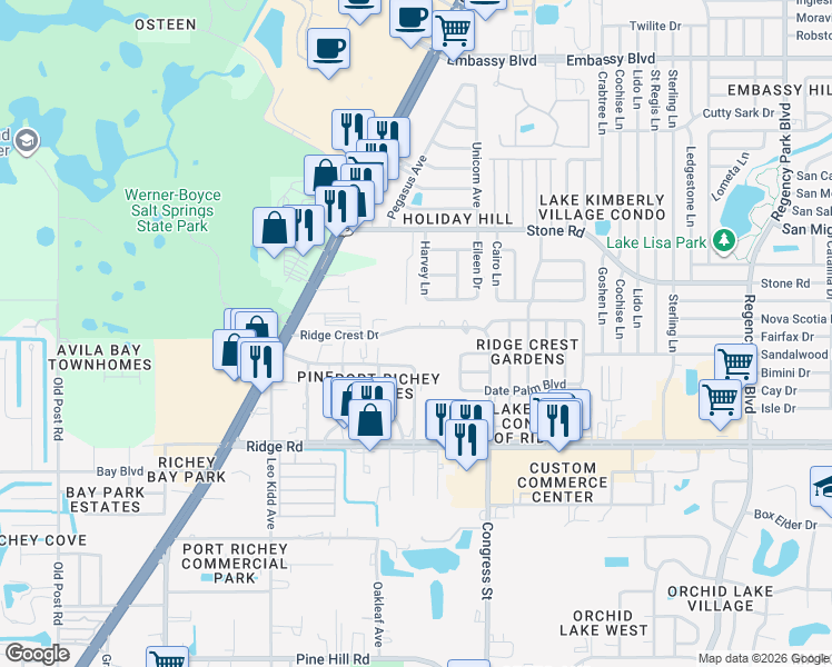 map of restaurants, bars, coffee shops, grocery stores, and more near 6318 Ridge Crest Drive in Port Richey