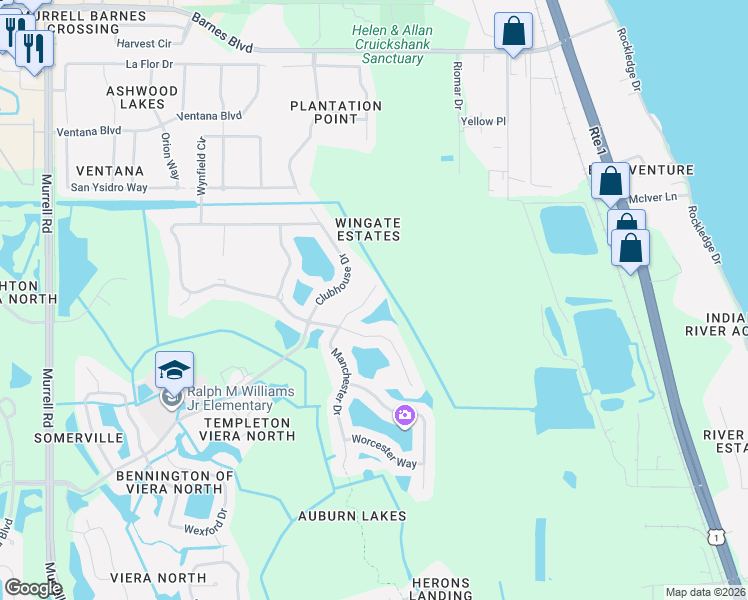 map of restaurants, bars, coffee shops, grocery stores, and more near 4911 Manchester Drive in Rockledge