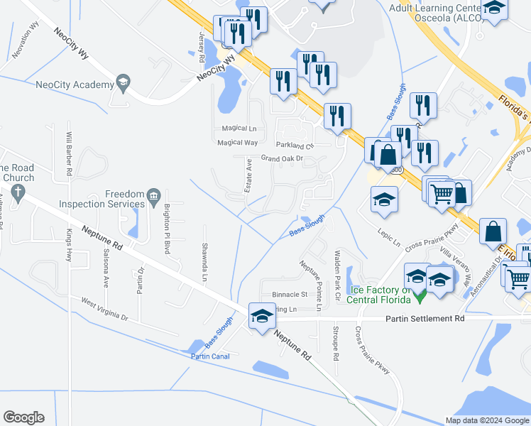 map of restaurants, bars, coffee shops, grocery stores, and more near 1980 Heritage key Boulevard in Kissimmee