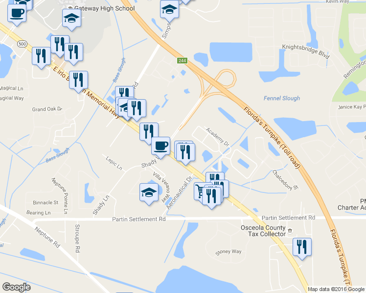 map of restaurants, bars, coffee shops, grocery stores, and more near 2323 East Irlo Bronson Memorial Highway in Kissimmee