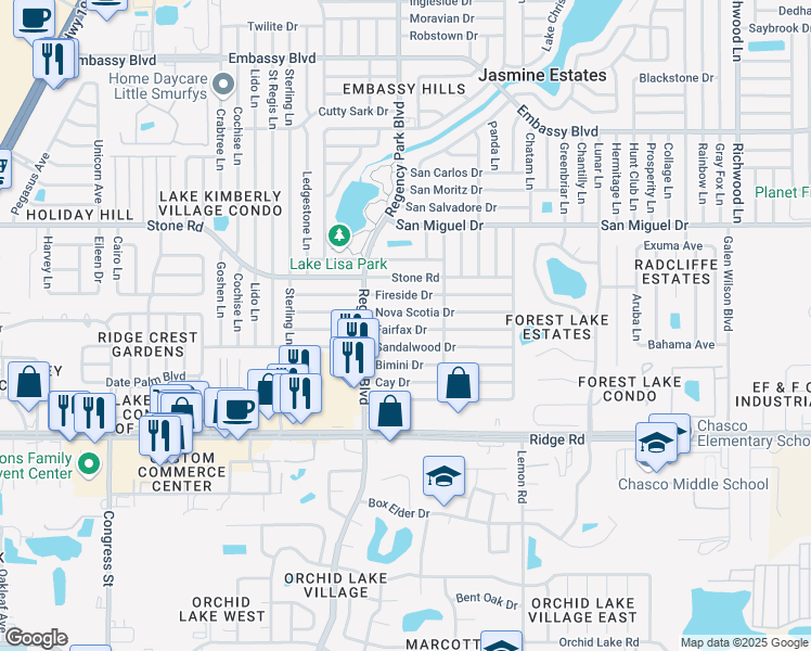 map of restaurants, bars, coffee shops, grocery stores, and more near 7207 Fairfax Drive in Port Richey