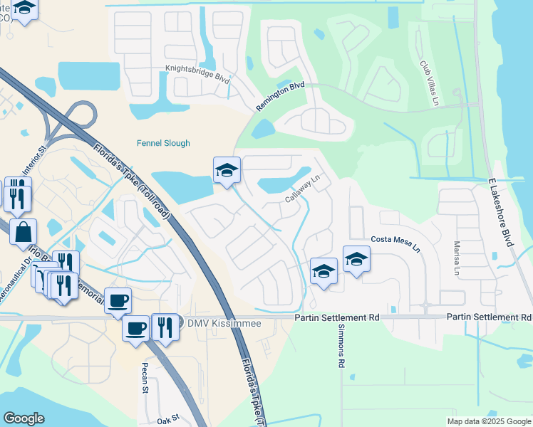 map of restaurants, bars, coffee shops, grocery stores, and more near 2702 Callaway Lane in Kissimmee