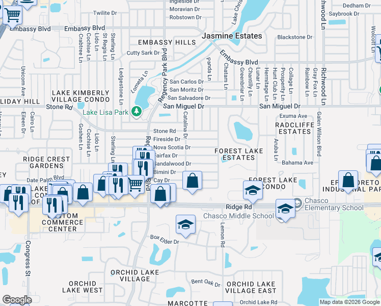 map of restaurants, bars, coffee shops, grocery stores, and more near 7317 Fairfax Drive in Port Richey