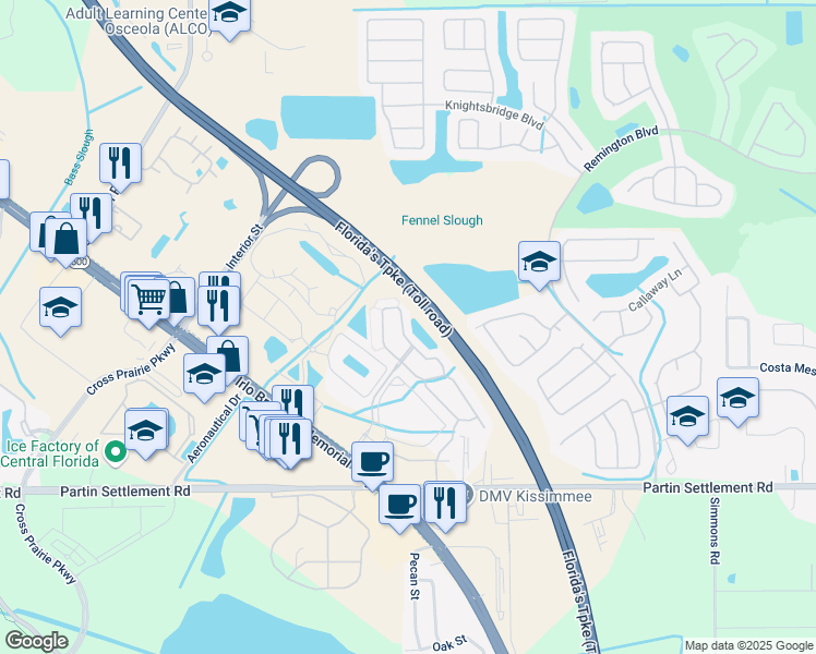 map of restaurants, bars, coffee shops, grocery stores, and more near 2510 Hassonite Street in Kissimmee