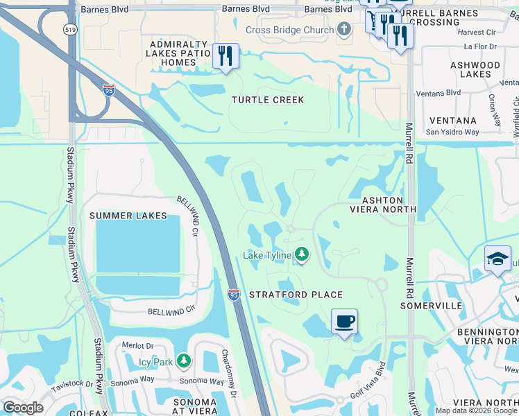 map of restaurants, bars, coffee shops, grocery stores, and more near 4161 Aberdeen Circle in Rockledge