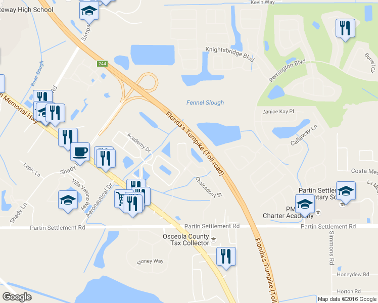 map of restaurants, bars, coffee shops, grocery stores, and more near 2510 Hassonite Street in Kissimmee