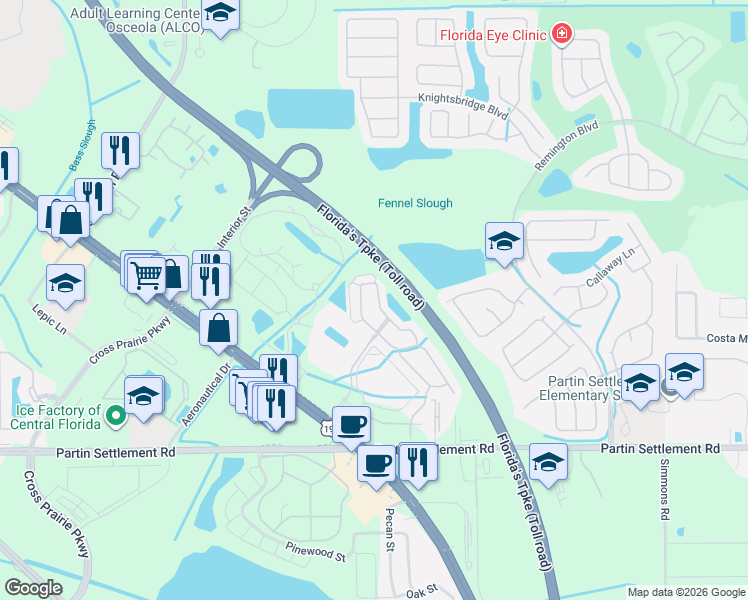map of restaurants, bars, coffee shops, grocery stores, and more near 2510 Hassonite Street in Kissimmee