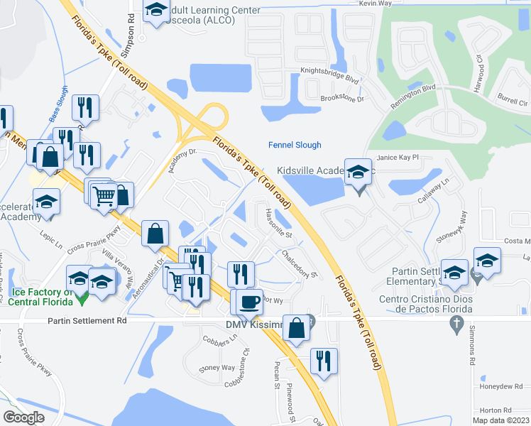 map of restaurants, bars, coffee shops, grocery stores, and more near 2510 Hassonite Street in Kissimmee