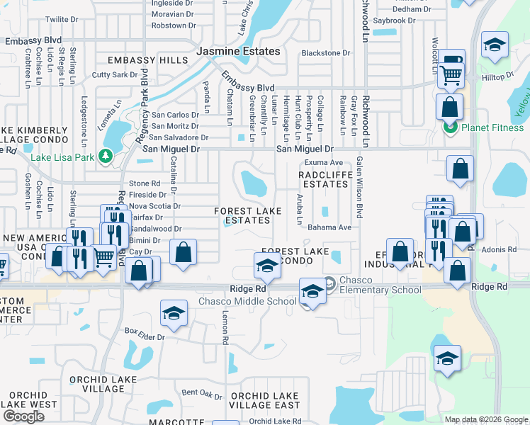 map of restaurants, bars, coffee shops, grocery stores, and more near 7624 Lake Forest Circle in Port Richey