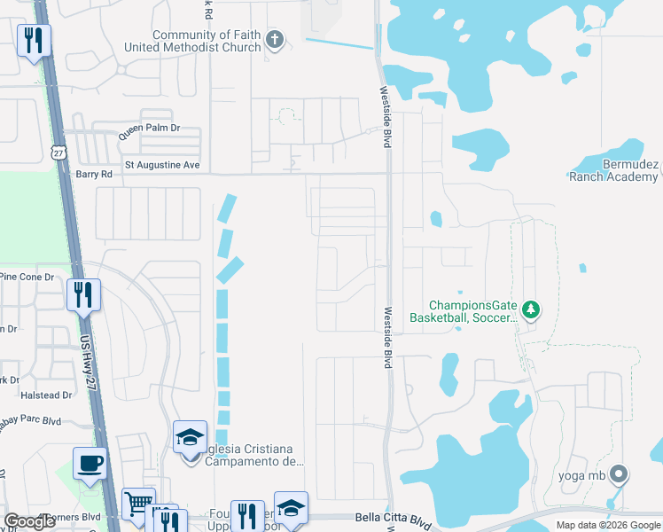 map of restaurants, bars, coffee shops, grocery stores, and more near Barry Road in Kissimmee