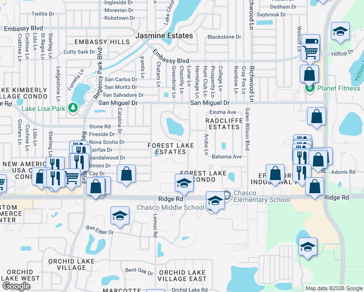 map of restaurants, bars, coffee shops, grocery stores, and more near 7624 Lake Forest Circle in Port Richey