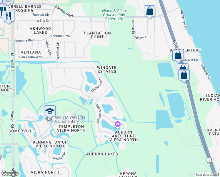 map of restaurants, bars, coffee shops, grocery stores, and more near 4931 Manchester Drive in Rockledge