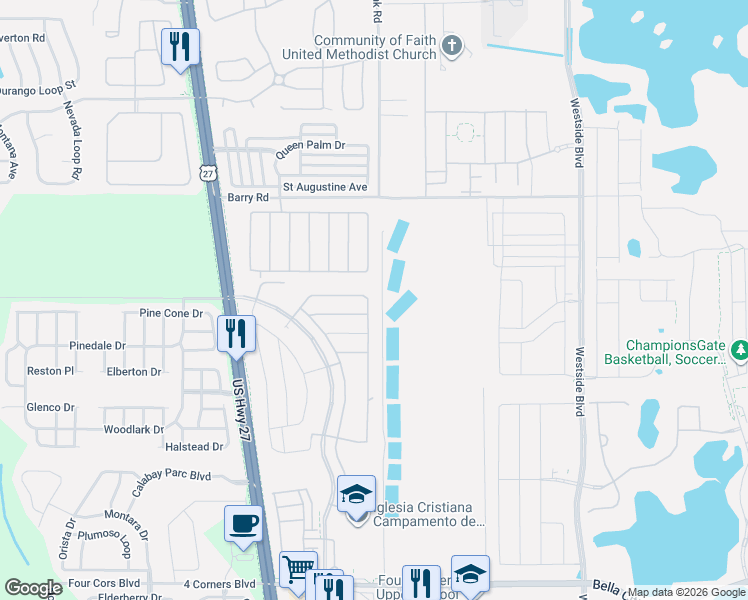 map of restaurants, bars, coffee shops, grocery stores, and more near 2859 Tuscany Lane in Davenport