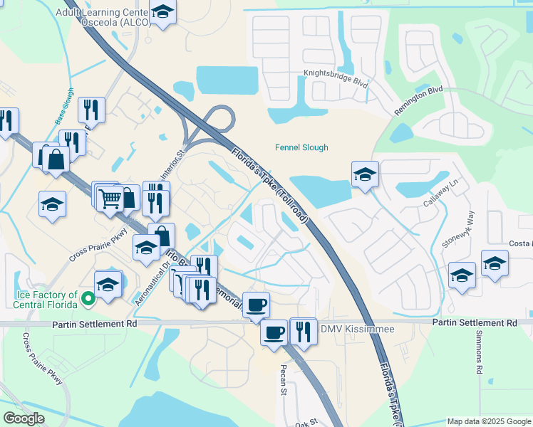 map of restaurants, bars, coffee shops, grocery stores, and more near 2447 Hassonite Street in Kissimmee