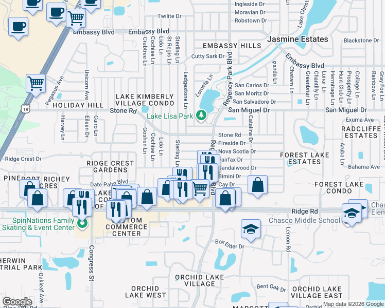 map of restaurants, bars, coffee shops, grocery stores, and more near 7006 Nova Scotia Drive in Port Richey
