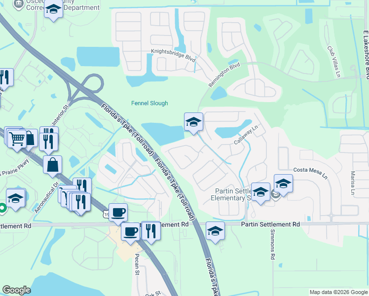 map of restaurants, bars, coffee shops, grocery stores, and more near 2507 Weddington Green Court in Kissimmee