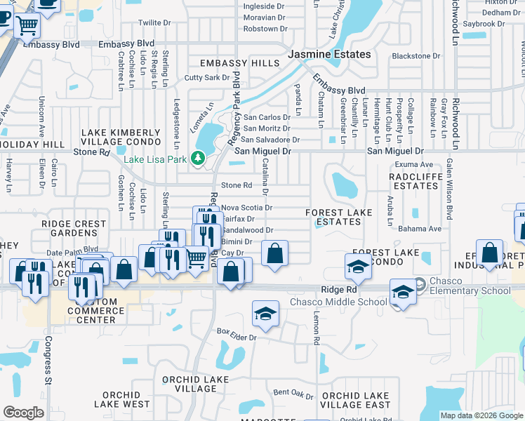 map of restaurants, bars, coffee shops, grocery stores, and more near 7254 Nova Scotia Drive in Port Richey