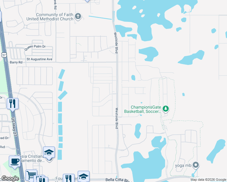 map of restaurants, bars, coffee shops, grocery stores, and more near Barry Road in Kissimmee