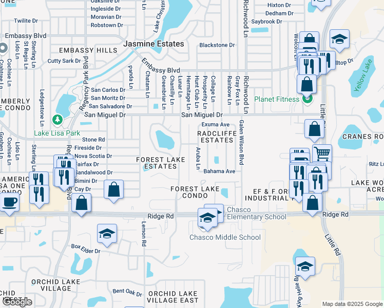 map of restaurants, bars, coffee shops, grocery stores, and more near 8800 Elm Leaf Court in Port Richey