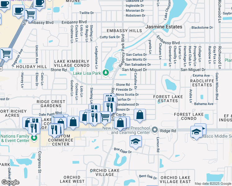 map of restaurants, bars, coffee shops, grocery stores, and more near 7131 Fireside Drive in Port Richey