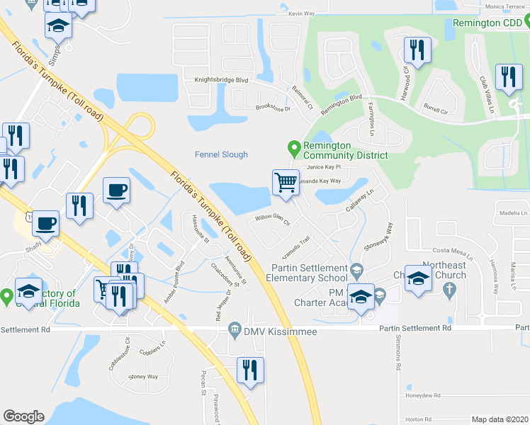 map of restaurants, bars, coffee shops, grocery stores, and more near 2682 Willow Glen Circle in Kissimmee