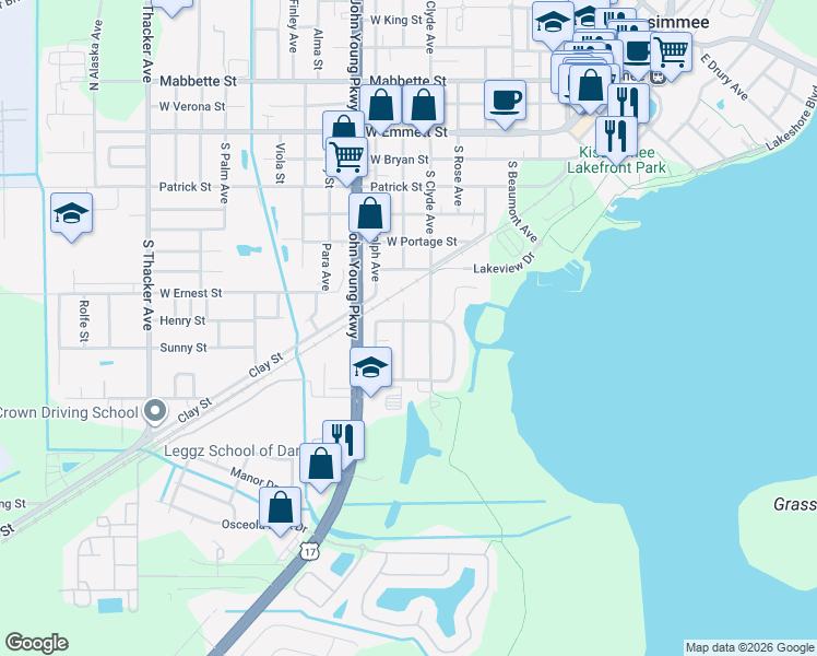 map of restaurants, bars, coffee shops, grocery stores, and more near 919 Mound Avenue in Kissimmee