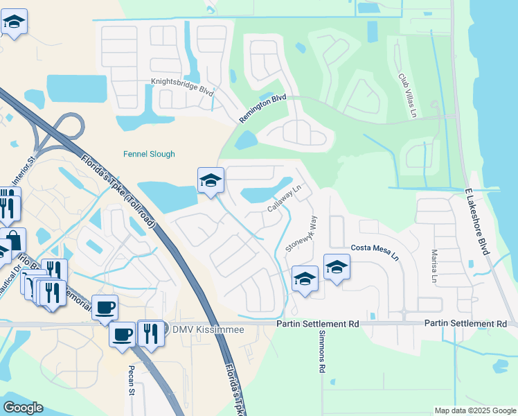 map of restaurants, bars, coffee shops, grocery stores, and more near 2717 Callaway Lane in Kissimmee