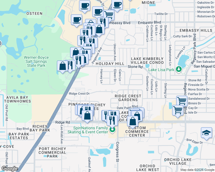 map of restaurants, bars, coffee shops, grocery stores, and more near 8829 Chilton Drive in Port Richey