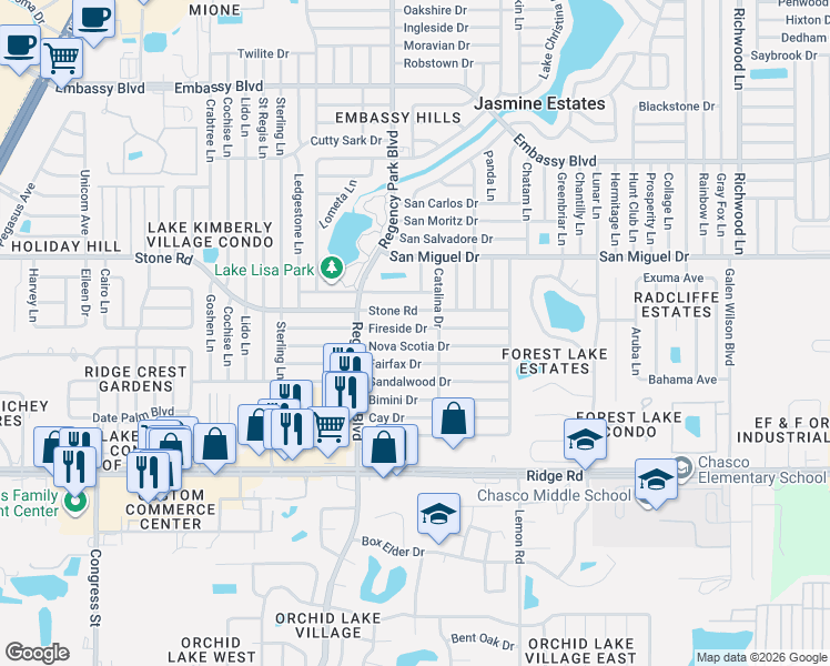 map of restaurants, bars, coffee shops, grocery stores, and more near 7226 Fireside Drive in Port Richey