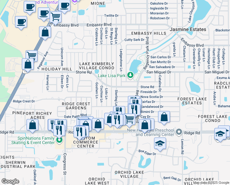 map of restaurants, bars, coffee shops, grocery stores, and more near 8825 Saint Regis Lane in Port Richey