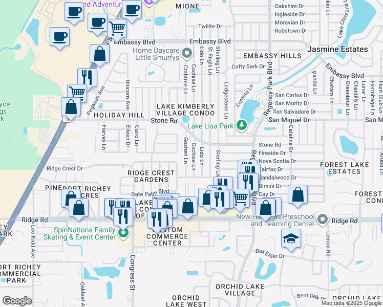 map of restaurants, bars, coffee shops, grocery stores, and more near 8824 Goshen Lane in Port Richey