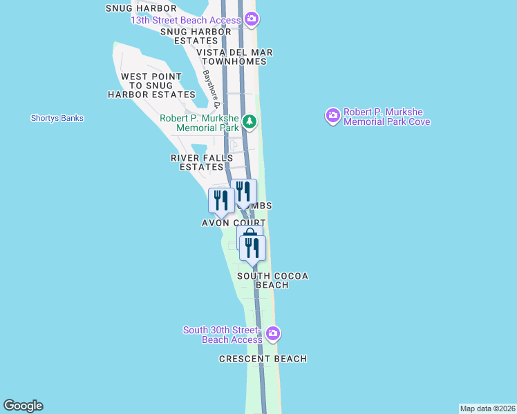 map of restaurants, bars, coffee shops, grocery stores, and more near 2101 South Atlantic Avenue in Cocoa Beach
