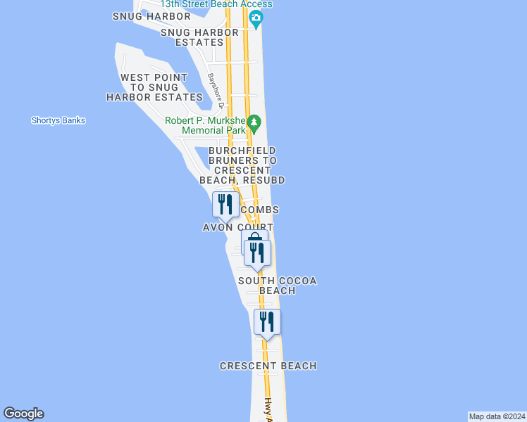 map of restaurants, bars, coffee shops, grocery stores, and more near 2101 South Atlantic Avenue in Cocoa Beach