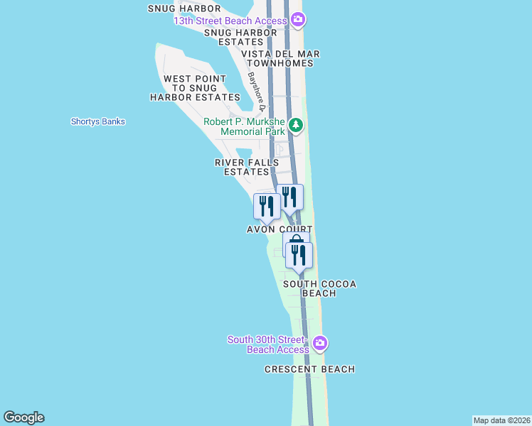 map of restaurants, bars, coffee shops, grocery stores, and more near 2002 Julep Drive in Cocoa Beach