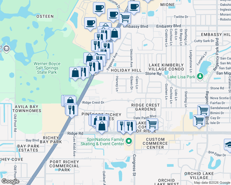 map of restaurants, bars, coffee shops, grocery stores, and more near 8825 Harvey Lane in Port Richey