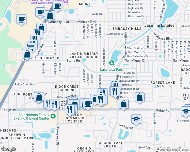 map of restaurants, bars, coffee shops, grocery stores, and more near 8825 Saint Regis Lane in Port Richey