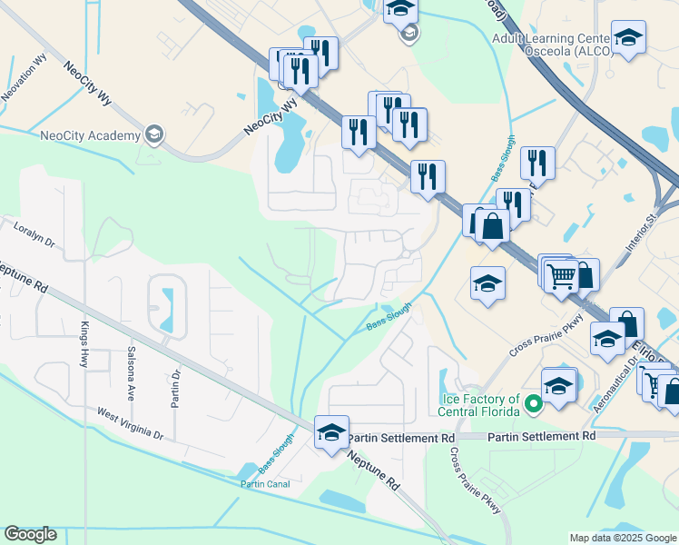 map of restaurants, bars, coffee shops, grocery stores, and more near 684 Cornerstone Drive in Kissimmee