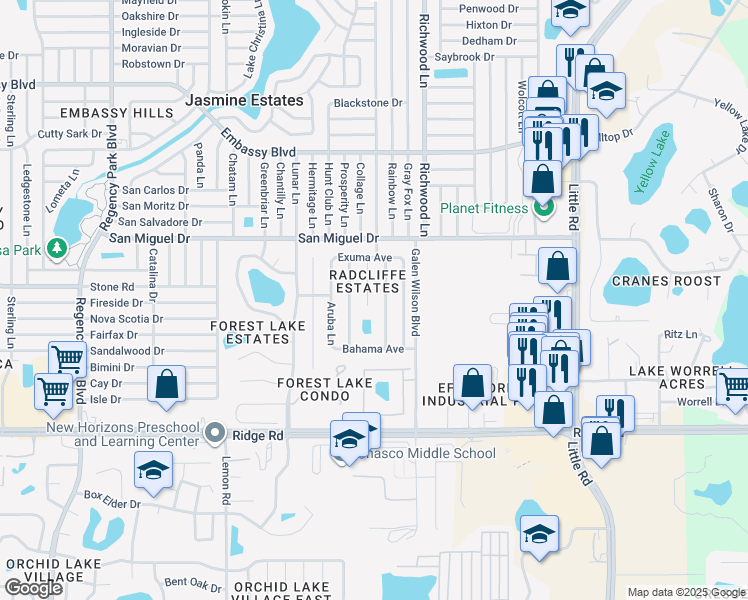 map of restaurants, bars, coffee shops, grocery stores, and more near 8822 Greenleaf Court in Port Richey