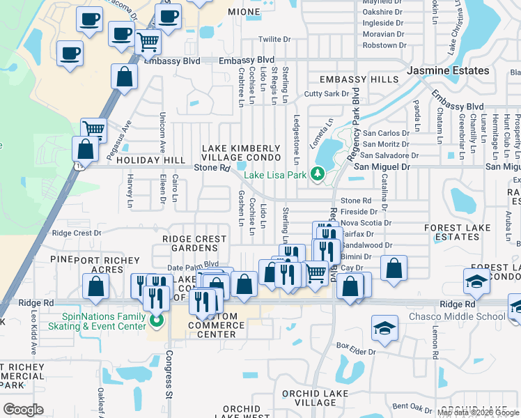 map of restaurants, bars, coffee shops, grocery stores, and more near 8825 Saint Regis Lane in Port Richey