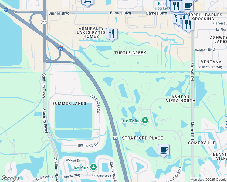 map of restaurants, bars, coffee shops, grocery stores, and more near 4321 Aberdeen Circle in Rockledge