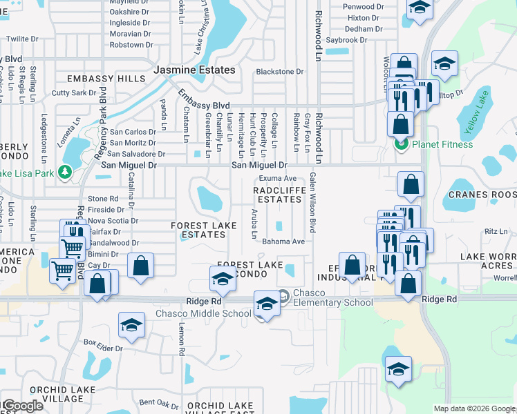 map of restaurants, bars, coffee shops, grocery stores, and more near 8822 Aruba Lane in Port Richey