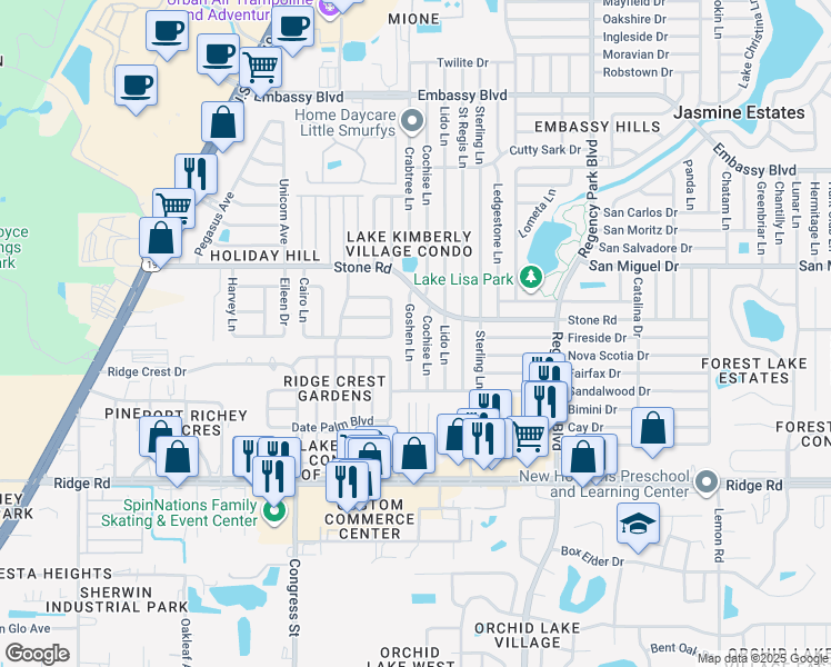 map of restaurants, bars, coffee shops, grocery stores, and more near 8824 Goshen Lane in Port Richey
