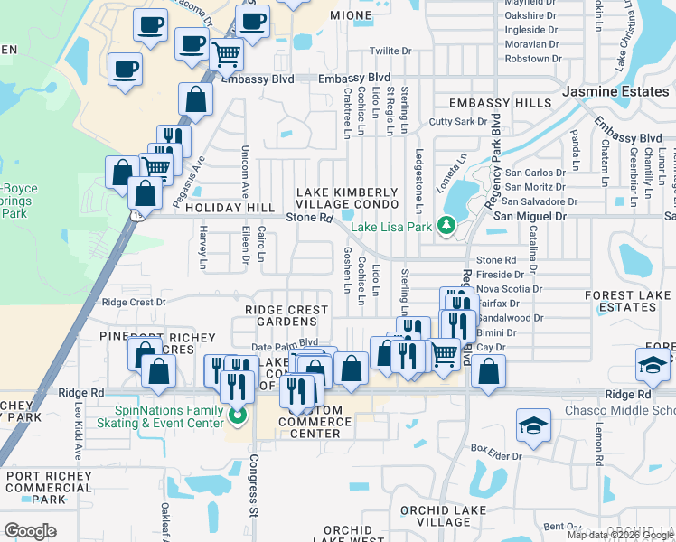 map of restaurants, bars, coffee shops, grocery stores, and more near 6651 Lenoir Drive in Port Richey