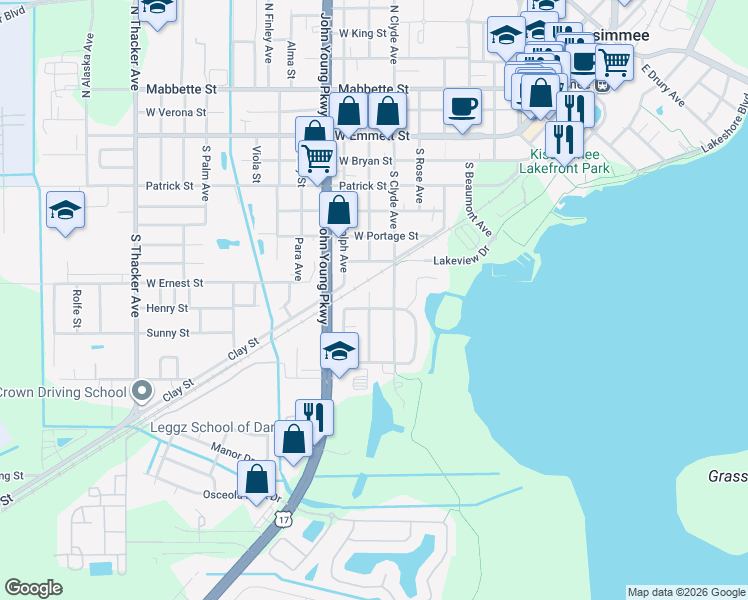 map of restaurants, bars, coffee shops, grocery stores, and more near 919 Mound Avenue in Kissimmee