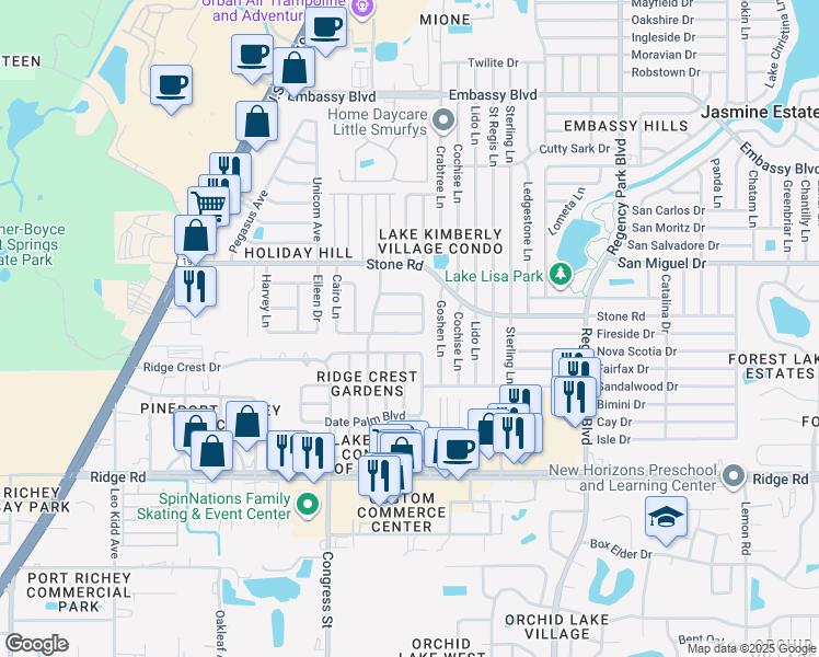 map of restaurants, bars, coffee shops, grocery stores, and more near 6651 Lenoir Drive in Port Richey