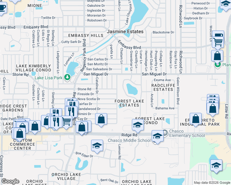 map of restaurants, bars, coffee shops, grocery stores, and more near 7415 Fireside Drive in Port Richey