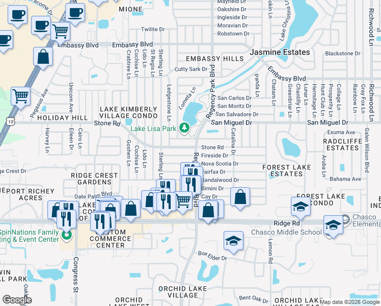 map of restaurants, bars, coffee shops, grocery stores, and more near 7035 Fireside Drive in Port Richey